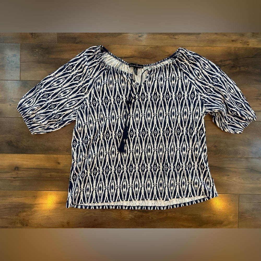 French Laundry Navy White Ikat Print Peasant Top Women’s 2X